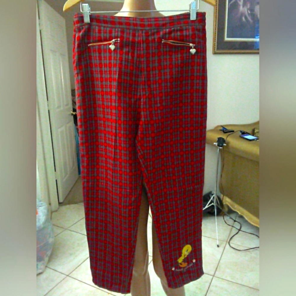 VINTAGE Warner Bros. PLAID  Red & Black Checkered PANTS W/ TWEETY SZ 14 METAL❤️